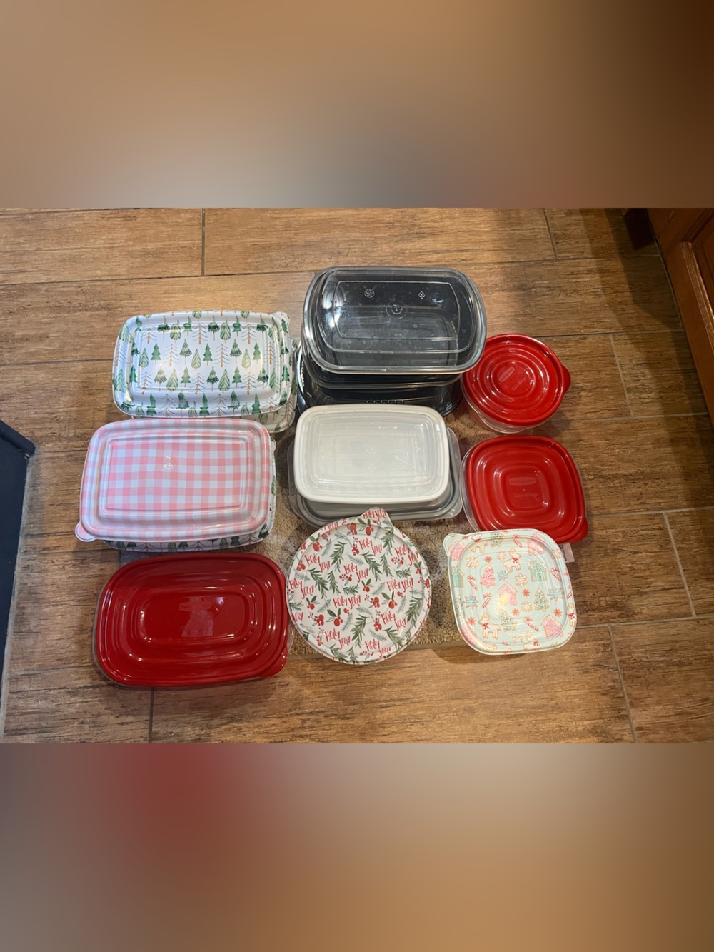 14 Assorted Food Storage Containers - Red, Pink Gingham, Green Tree Prints